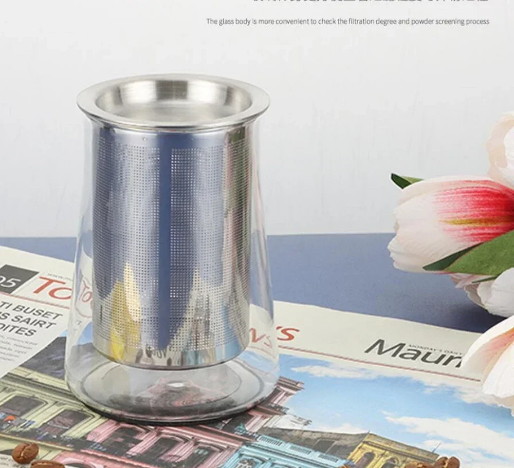 304 Edelstahl Kaffeefilter, Handbetriebener Kaffee-Siebfilter Kaffeefilter/Tropfer mit Glasbecher
