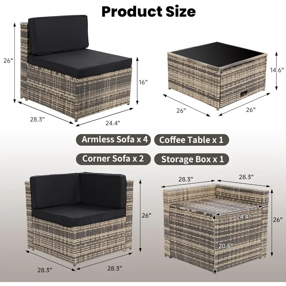 Rotan Terrasmeubilair Sectionele Glazen Toptafel Met Verborgen Opslag, Natuurlijke Kleur Rotan Met Zwart Kussen, Tuinbanken