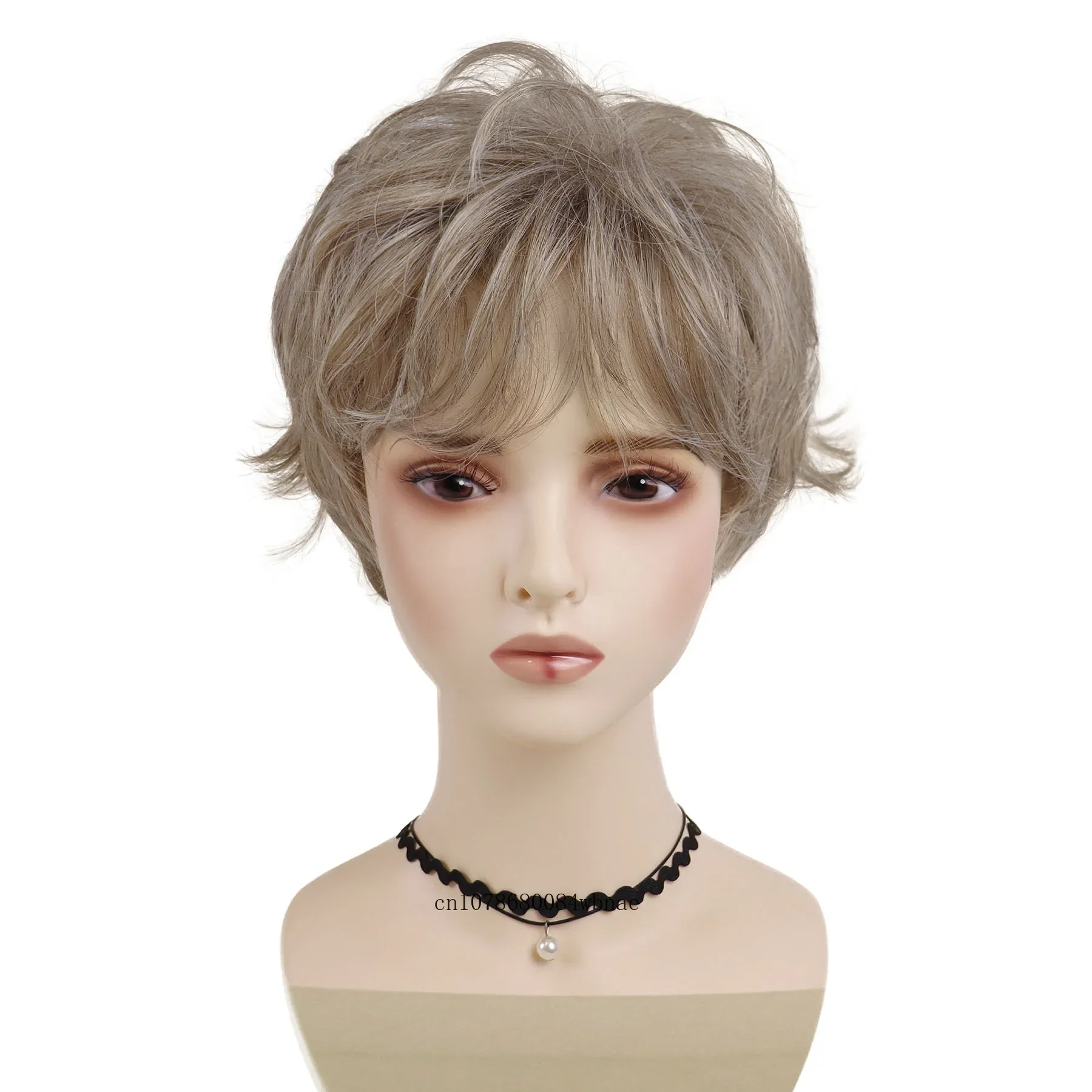 Short Blonde Brown Curly Synthetic Wig with Bangs Elder Lady Layered Pixie Cut Wigs for Women Daily Casual Heat Resistant Fiber