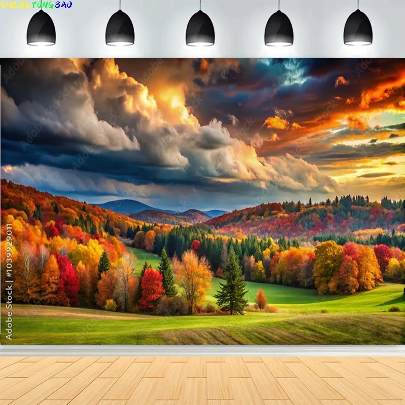 

Colorful Autumn Landscape Photography Backdrops Altaussee Lake Village Park Golden Sunrise Morning Countryside Background AU04