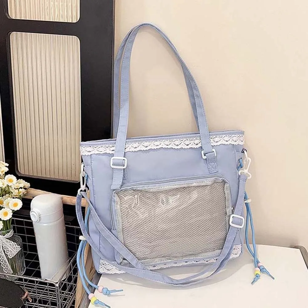 

Lace Decoration Shoulder Ita Bag PU Leather Large Capacity Goth Transparent Handbag Waterproof Japanese Style