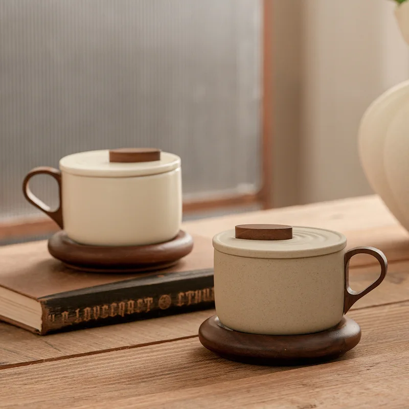 Retro Wooden Lid Rough Clay Coffee Cup and Saucer, Ceramic Wood Handle Mug, Couple Water Cups for Home Teahouse Drinkware