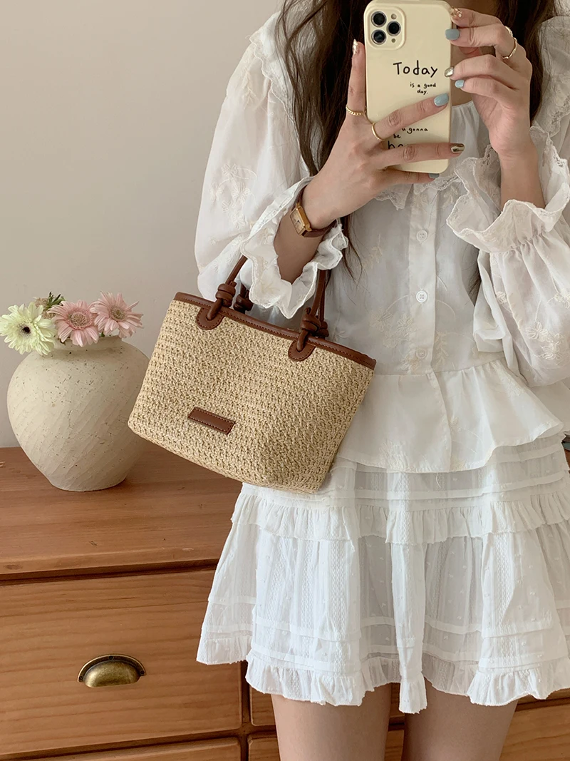 Summer Vacation Women\'s Beach Straw Shoulder Bag Retro Design Ladies Portable Crossbody Bags Knot Basket Woven Tote Handbags