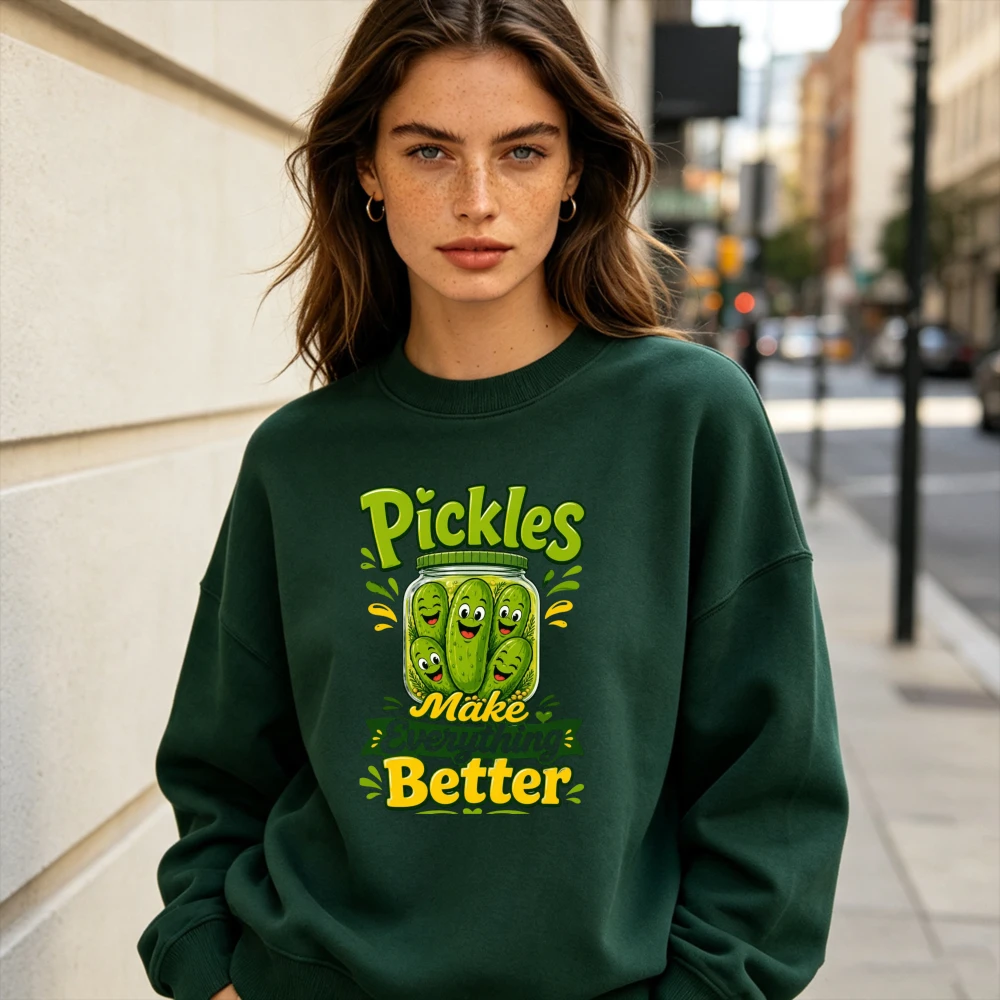 Pickles Make Everything Better Funny Cartoon Pickle Jar Graphic Unisex Fall Sweatshirt Quirky Food Theme Loose Leisure Pullover