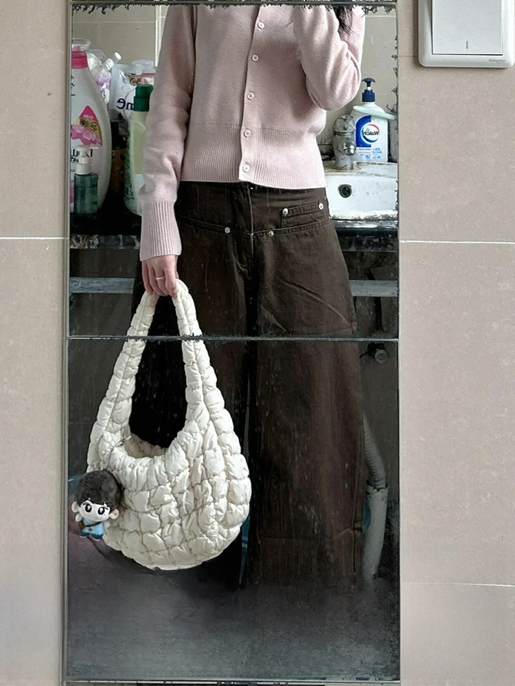 

Свободные американские джинсовые джинсы, женские большие размеры кофейного цвета, теплые брюки длиной до пола, осень-зима, Новое поступление