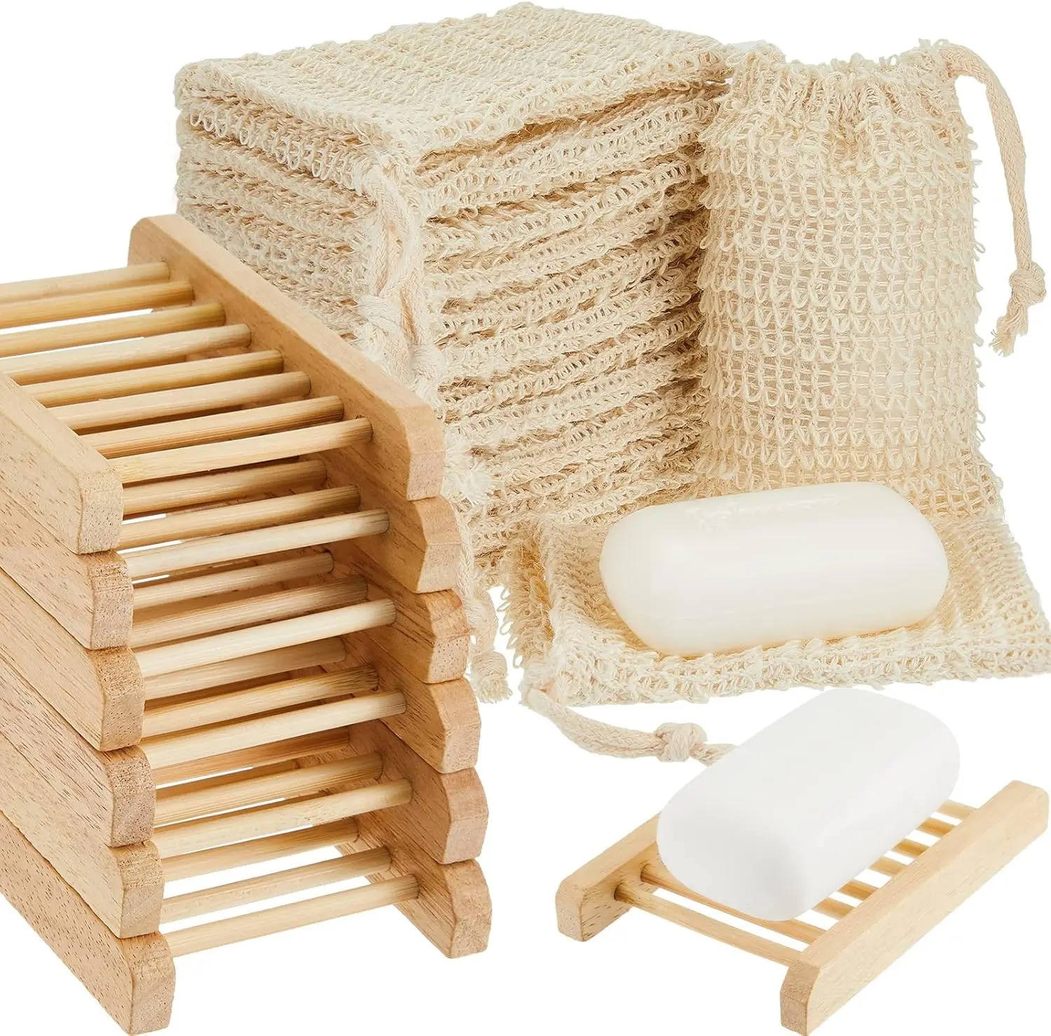 

60 Pcs Soap Exfoliating Bag Holder Set with Soap Save Pouch Mesh Sisal Bag and Bamboo Wood Holder for Shower and Bath Use
