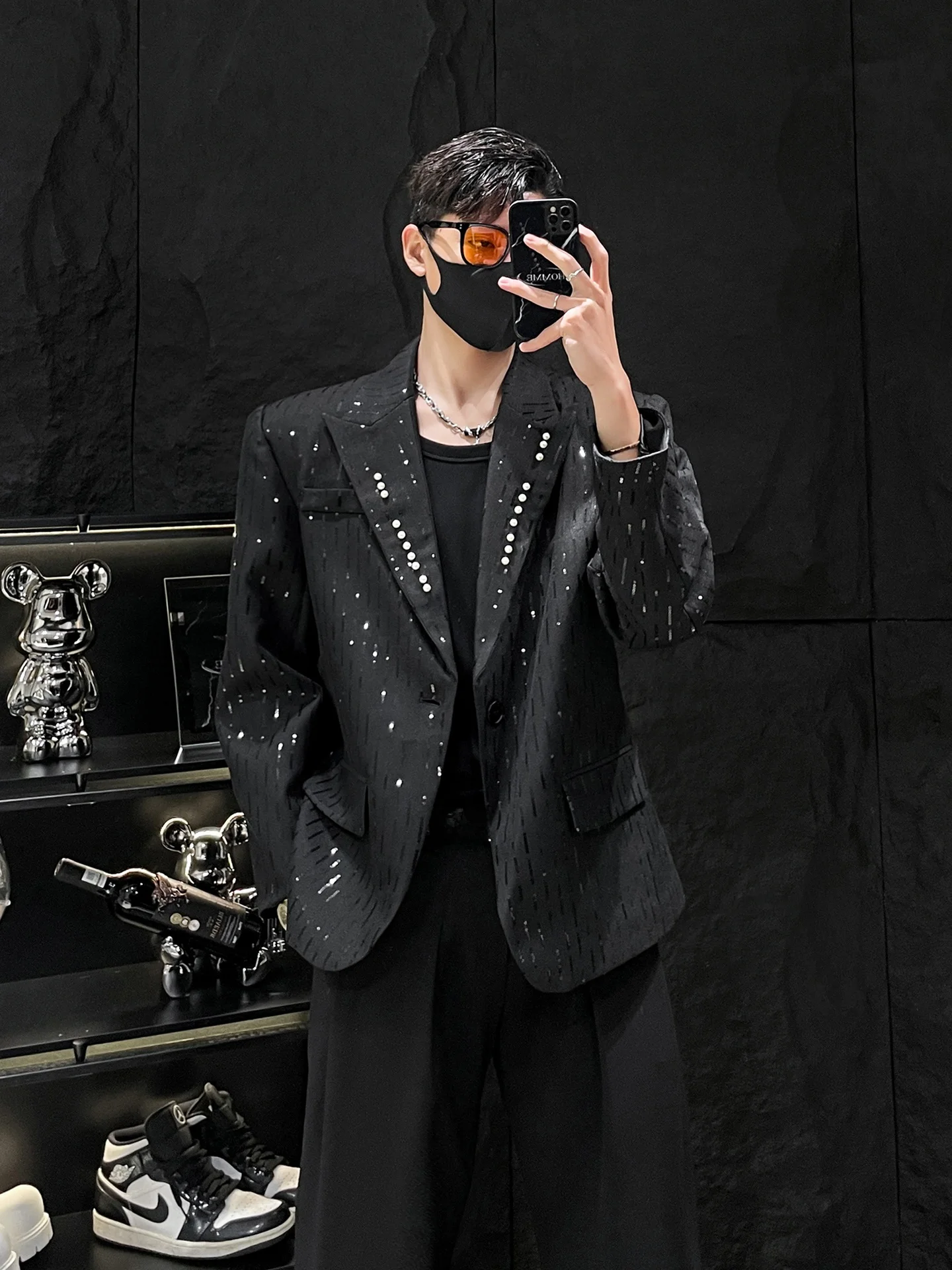 

Bla Pad oulder Men's Suit Jaet Loose Casual Sle Pearl Sequins High-End Feeling by HOMME New Arrival Spring Autumn