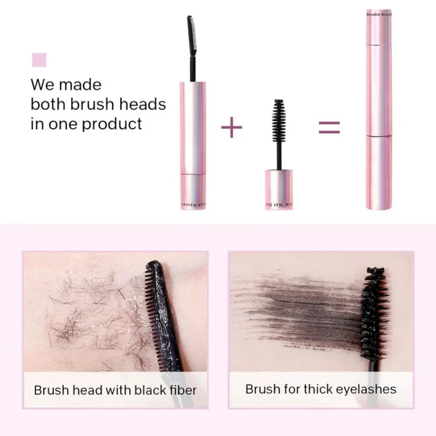 Custom Pink Tube Double-head Mascara Waterproof Yper-Curl Lengthening Extra Volume Long Lasting Non-smudging Black Mascara Bulk