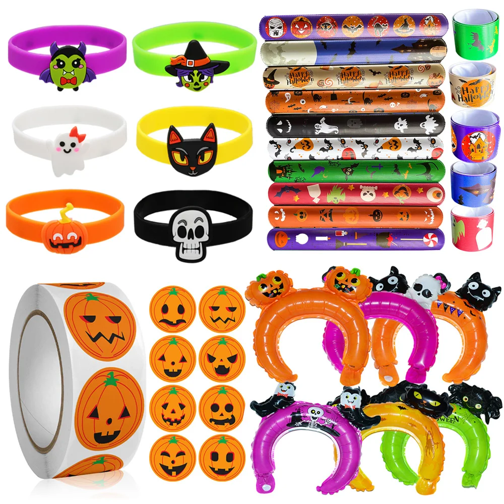 

Halloween Party Decor Snap Bracelet Headbands Balloons Silicone Candy Color Bracelet Wristband Pumpkin Cat Skull Witch Ghost Bat