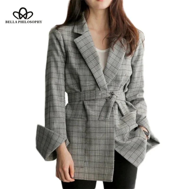 

Bella Philosophy Women Vintage Suits Long Split Sleeve Bow Sashes Female Plaid Jacket Loose Office Lady Feminino