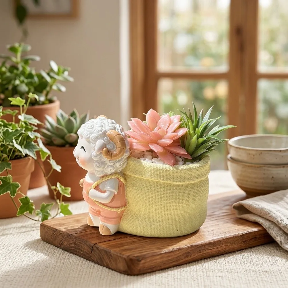 Functional Resin Lamb Flowerpot for Small Indoor Plants Designed to Fit Naturally Into Modern Apartment and Layouts