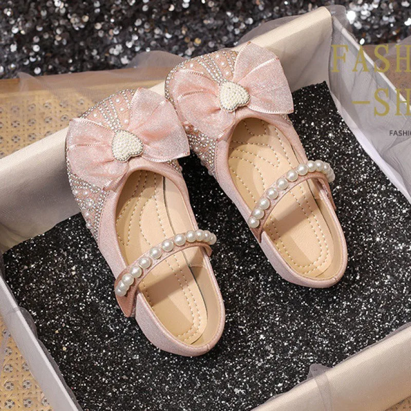 Princess shoes for girls2024Summer New Crystal Shoes Spring and Autumn Shoes Bow Soft Bottom