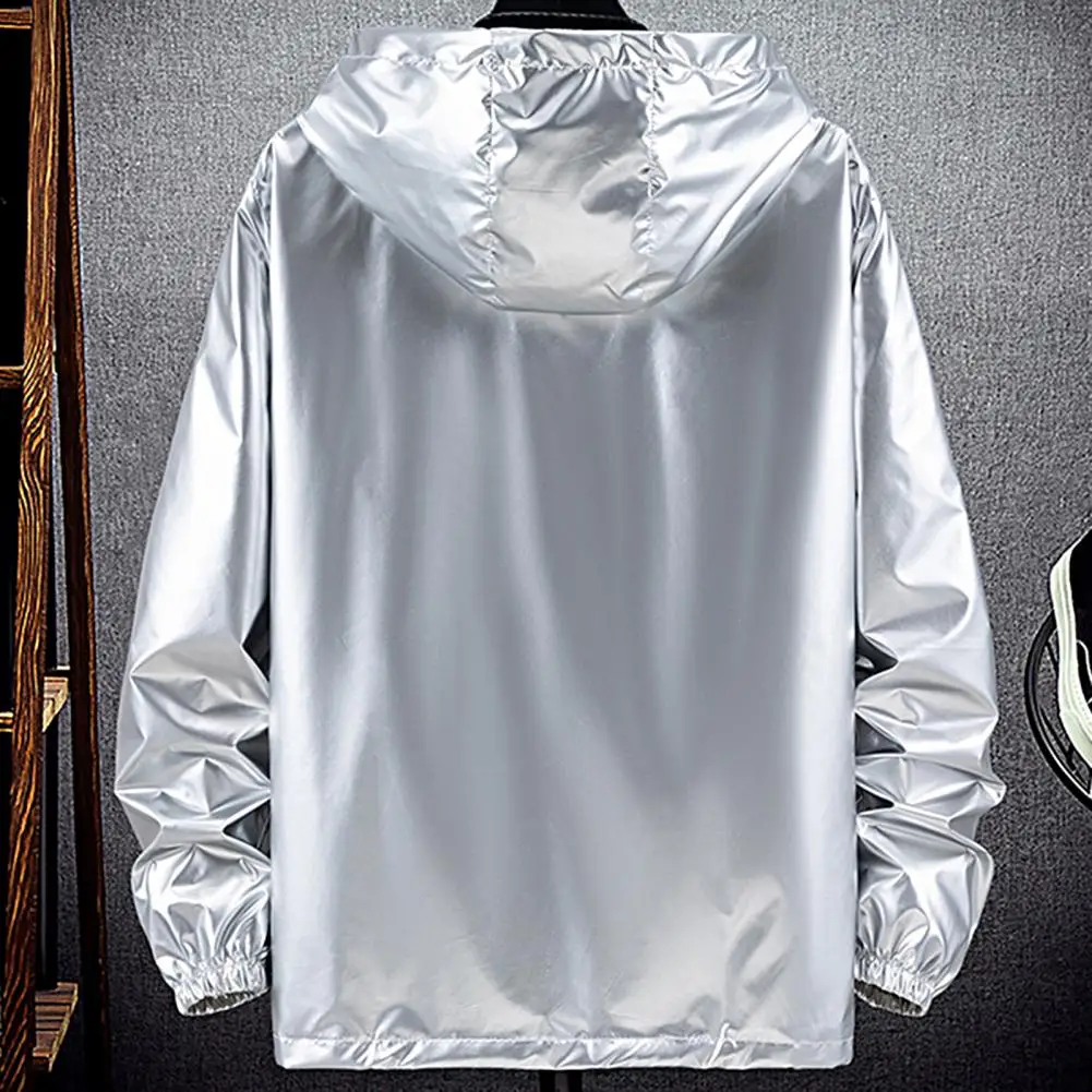 อินเทรนด์ผู้ชายฤดูใบไม้ผลิฤดูใบไม้ร่วง Elastic Cuff Glossy กันน้ำ Windbreaker Zipper Hooded Coat Bright เสื้อกันหนาว Cardigan Outerwear