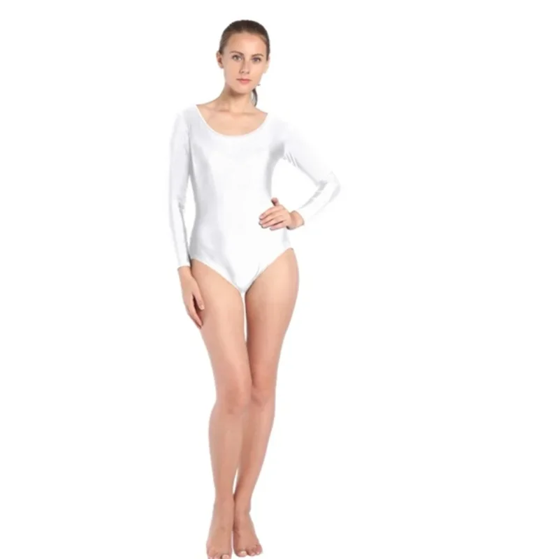 Women Adult Black White Shiny Metallic Leotard Long Sleeve Ballet Dancewear Spandex Leotards Bodysuit Gymnastics Costume Unitard