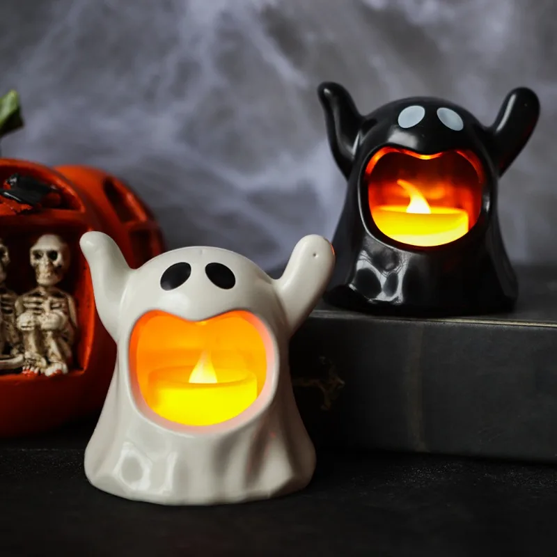 Halloween LED Electronic Candle Light Modern Black White Ghost Night Lamp Plastic Decoration for Creepy Prop Halloween Ornament
