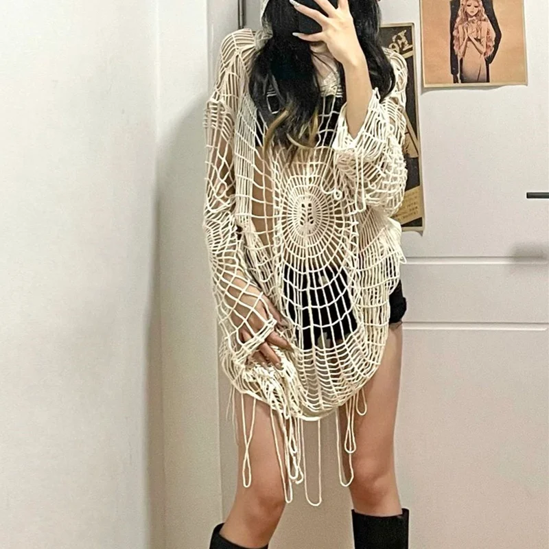 Y2K Hollow Knit Hooded Tops Women Goth Spider Web Spice Girl Mesh Pullovers Female Korean Fashion Fishing Net Sweaters