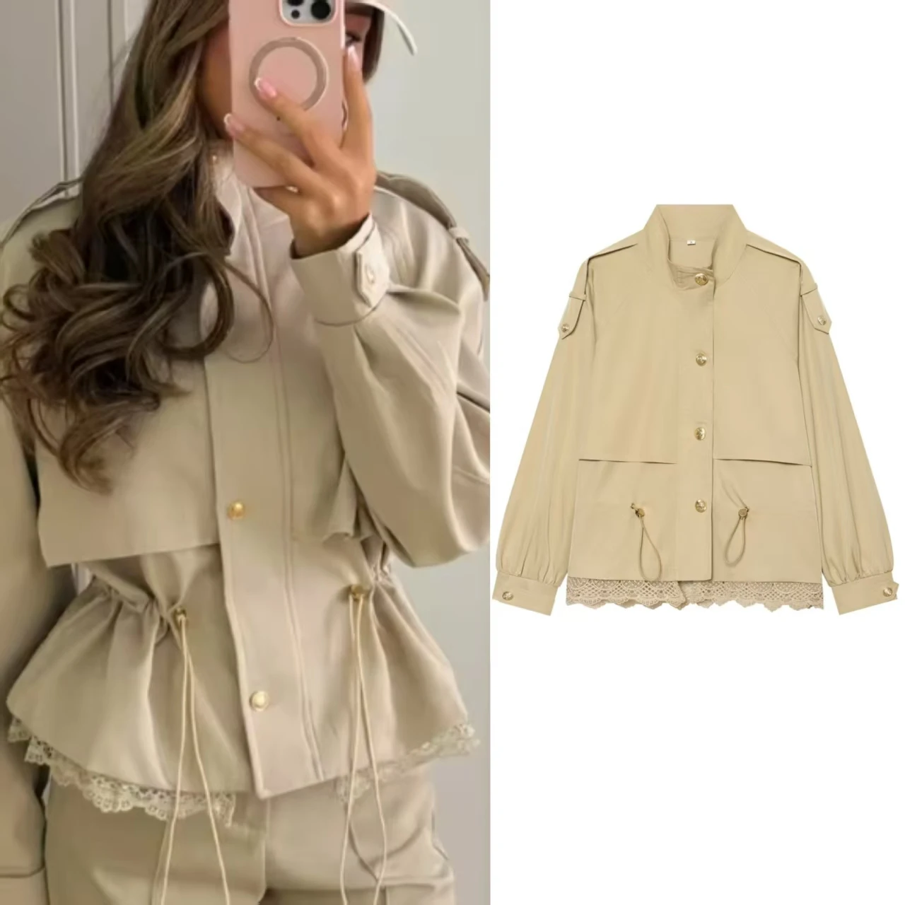 Guobioziy Women's Jacket 2026 Fall New Long Sleeve Lace Decor Drawstring Waist Jacket Parka European and American Style