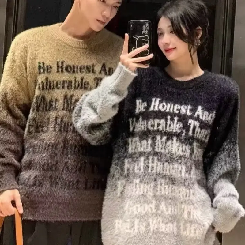 

adient Knitted Sweater Deer Velvet American Retro Sle for Men And Women Loose Fit Long Sve round Ne Cotton 00%