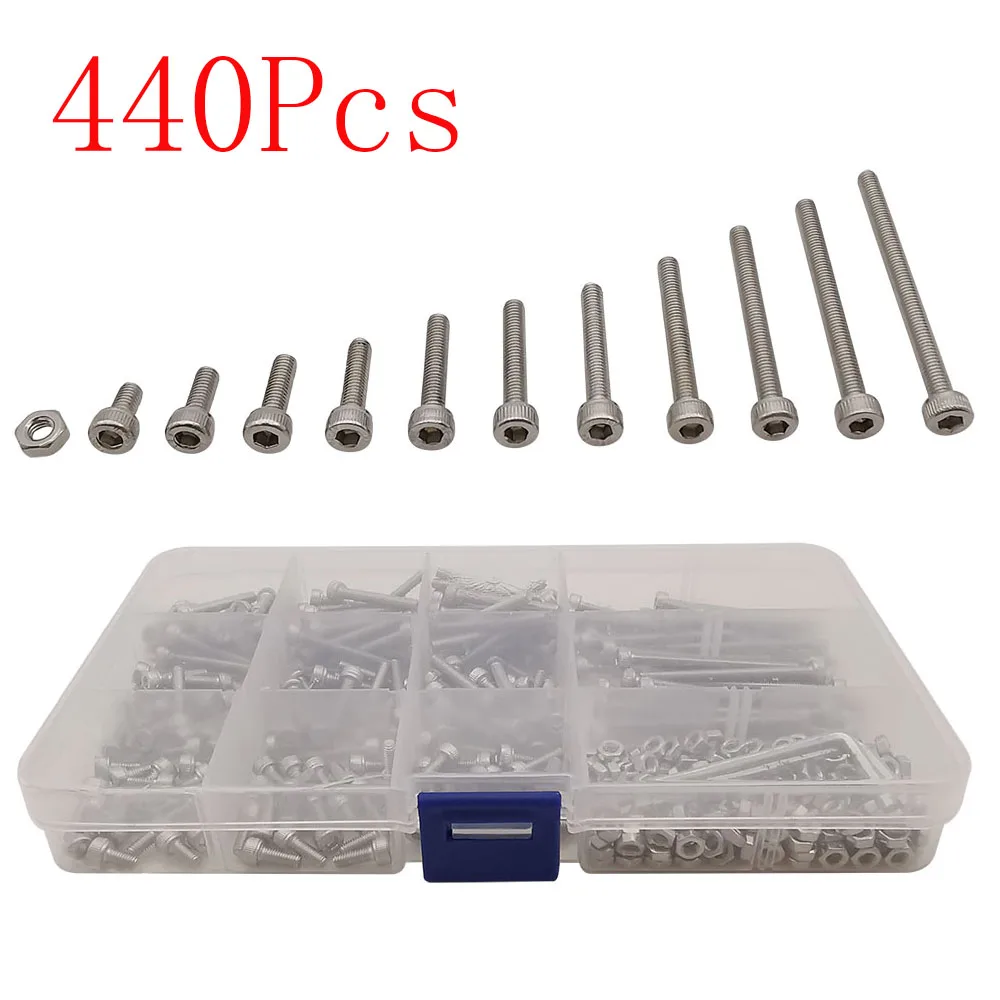 

440Pcs M3 Stainless Steel Allen Bolts Hex Socket Head Cap Screws Wrench Nut Countersunk Head Bolt and Nut Screws Assortment Kit