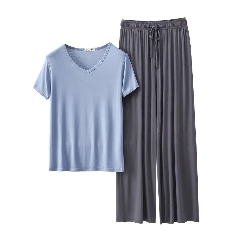 

2pcs Women's Short Sleeve Tops Trousers Pyjamas Set Ladies Spring Autumn Solid Color Pajamas Homewear