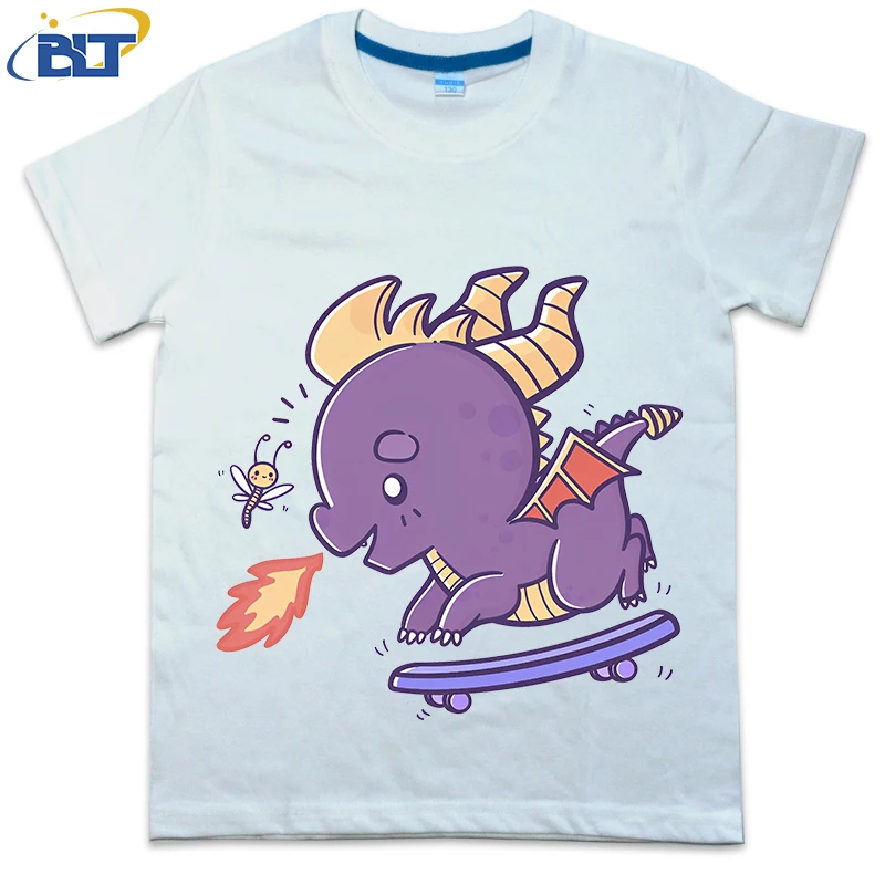 Dragon Skater Printed Kids Shirt Summer Cotton Short Sleeve Casual Tops Suitable for Boys and Girls