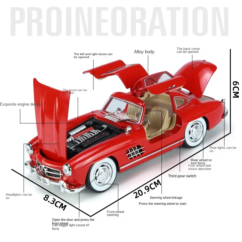 Diecast 1/24 Simulation Benz 300SL Vintage Car Model Sound Light Collective Voiture Miniature Home Decor Toy Vehicle Boy Gift