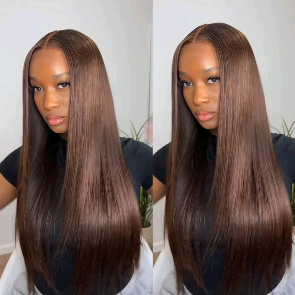 

13x6 Шоколадно-коричневые прямые человеческие волосы, кружевные фронтальные парики 4 # Цветные парики из натуральных волос на кружеве, предварительно сорванные парики из прямых волос