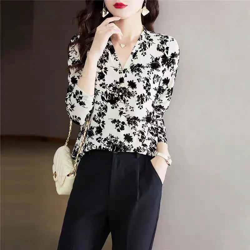 Spring Autum Print Elegant Fashion Chiffon Shirt Women Long-sleeved V-neck Lady Tops Aesthetic Chic All Match Pullover Female