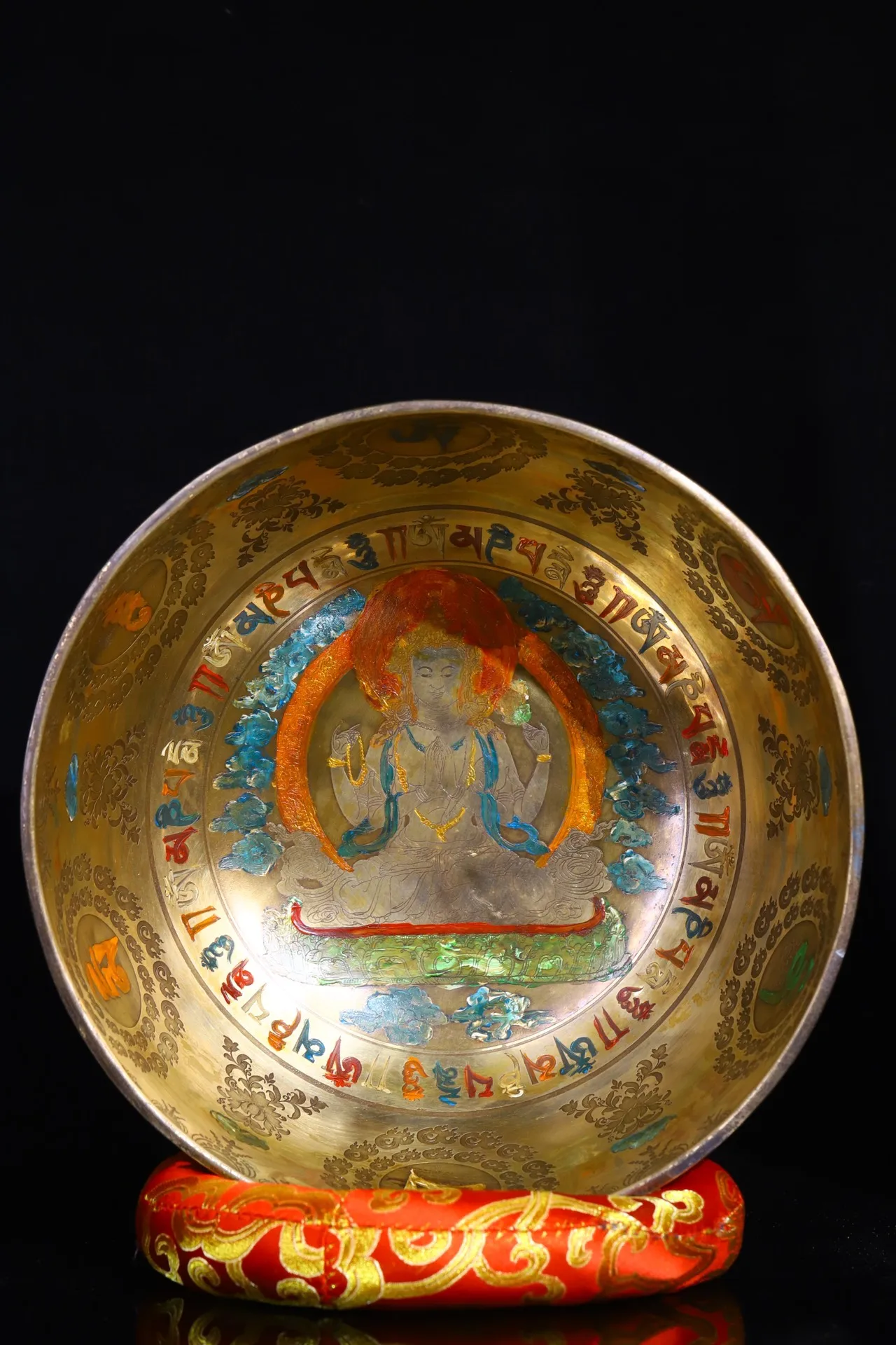 

9"Tibetan Temple Collection Old Bronze Painted Four-armed Guanyin Buddha Sound Bowl prayer Bowl Amulet Dharma Town house