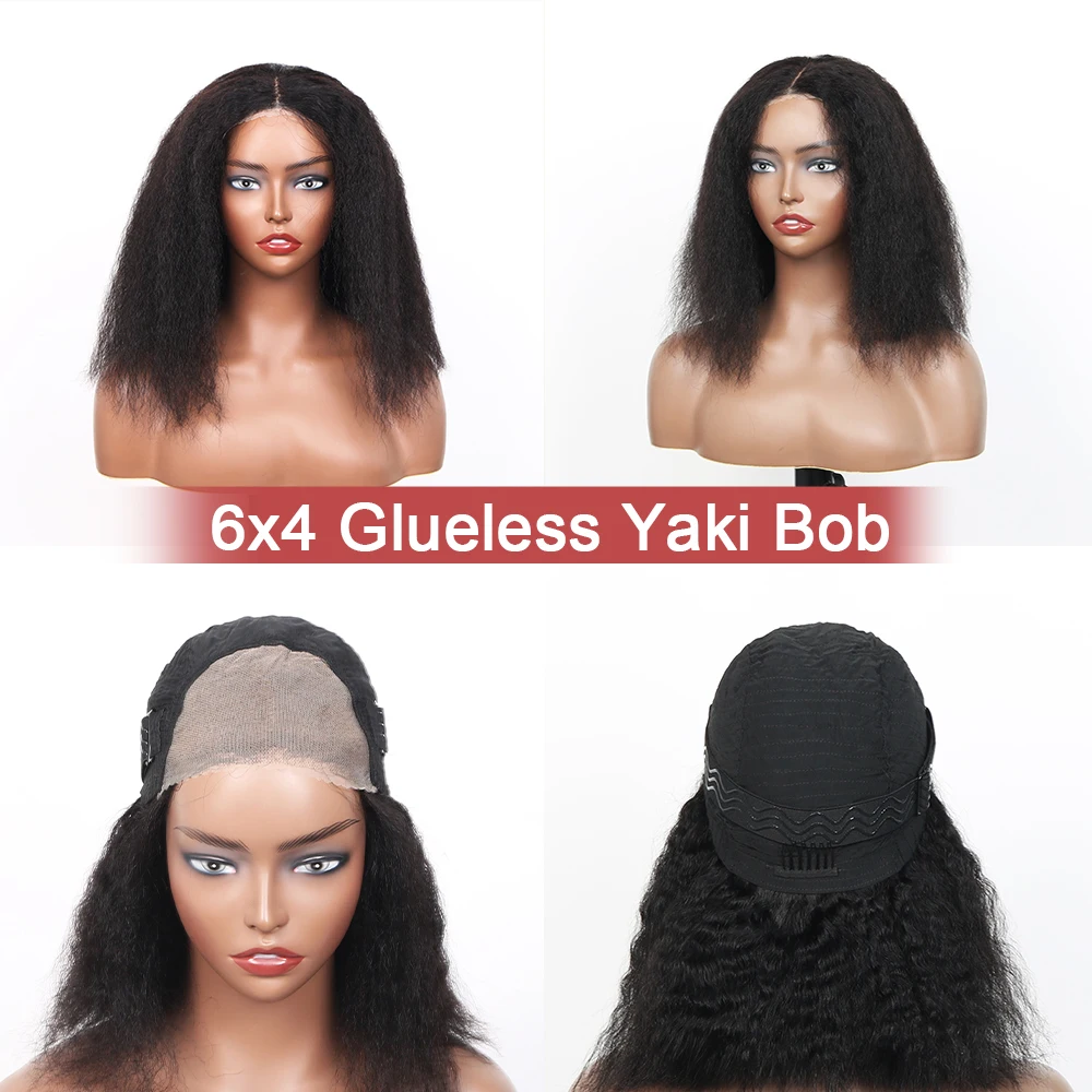 Yaki Straight Bob Wigs Pre Cut 6x4 Lace Closure Glueless Wear and Go Human Hair Wigs Pre Plucked Invisible Knots Glueless Wigs
