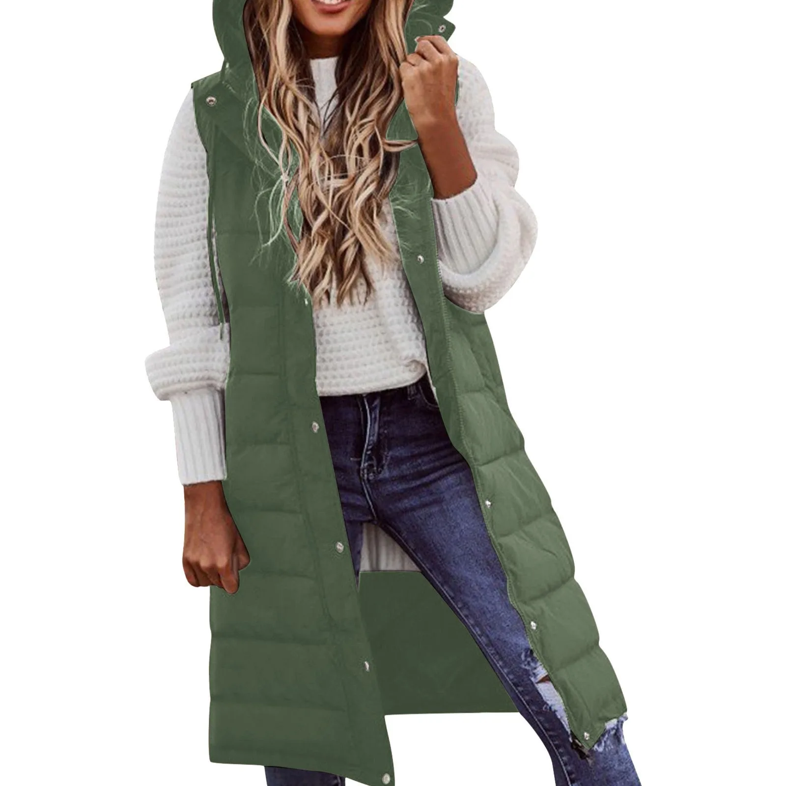 

Women'S Warm Down Coat With Pockets Quilted Vest Down Jacket Quilted Outdoor Long Winter Coat Vest With Hood Sleeveless