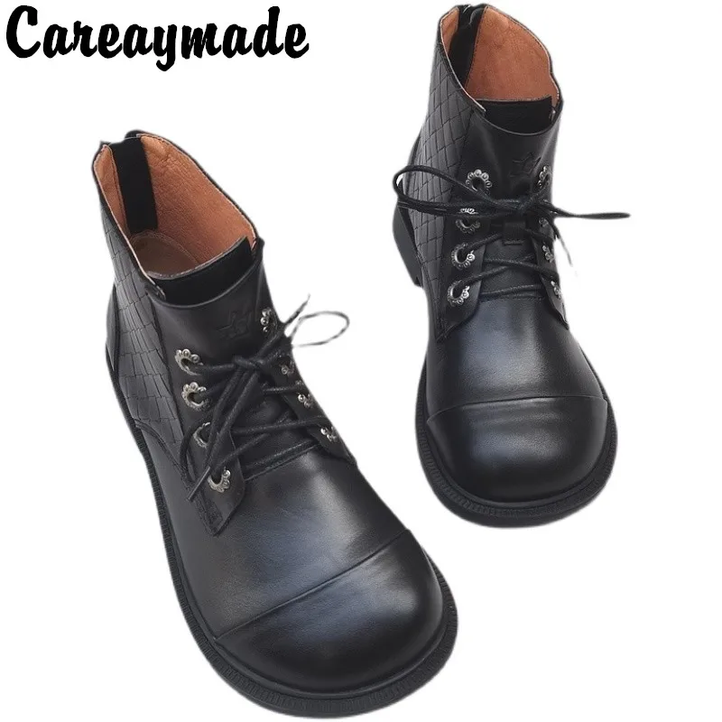 Careaymade-Genuine leather large head wide version short boots women's shoes round head high top handmade original single boots