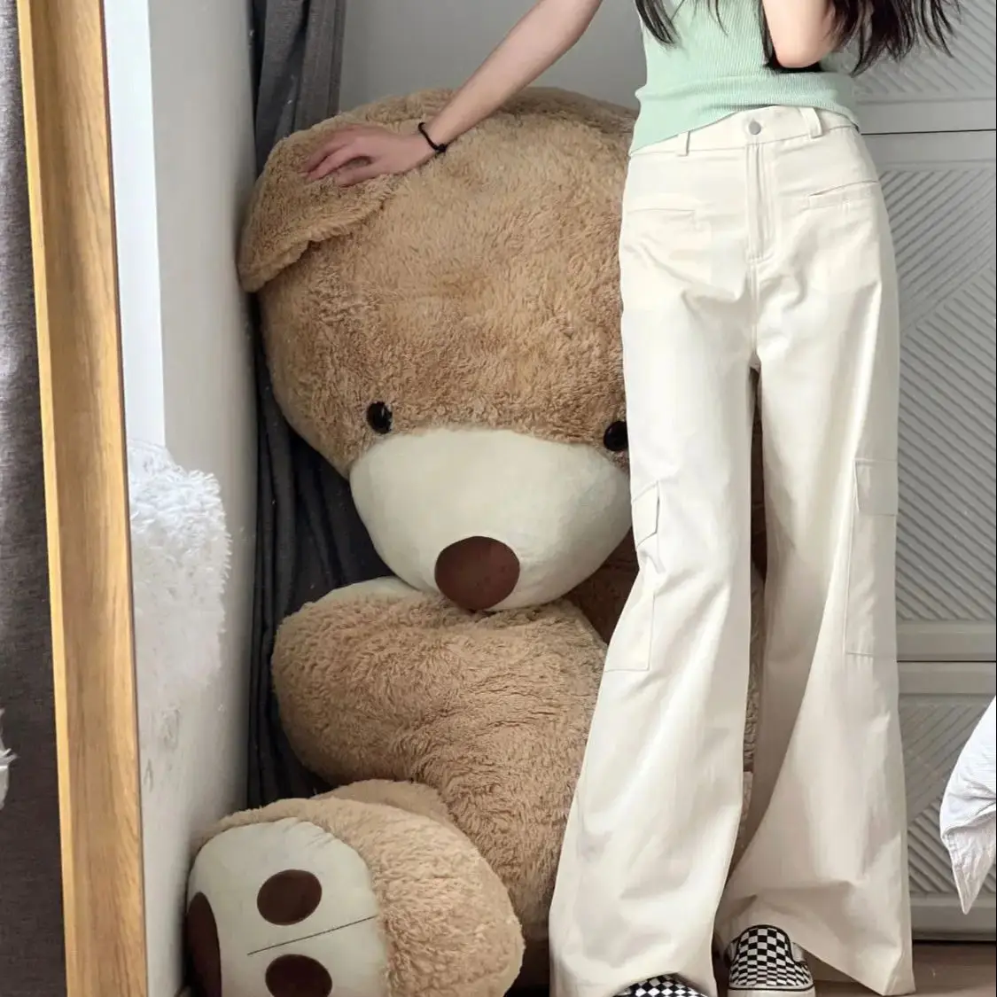 

Cargo Straight Pants With Multiple Pockets Korean Style American Apricot Women'S Summer 2024 New Casual Loose Drape Trousers