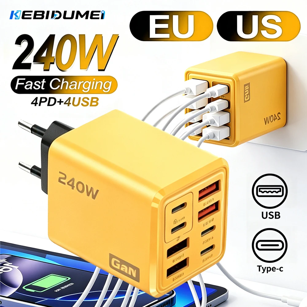 KEBIDUMEI 240W GaN 8Port Wall Charger 4PD 4USB‑A Multi‑Port Fast Charging Power Adapter EU US UK Plug For Laptop Travel Charger
