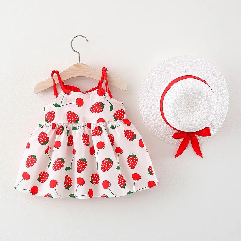 2Piece Summer Toddler Girl Clothes Korean Cute Strawberry Cherry Print Sleeveless Cotton Baby Dresses+Sunhat Kids Dress BC158