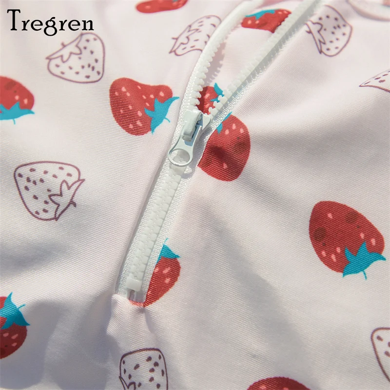 Tregren Toddler Baby Girl Swimsuit Strawberry Print Zipper Jumpsuit Swimwear With Headband Infant Bathing Suit Summer Beachwear