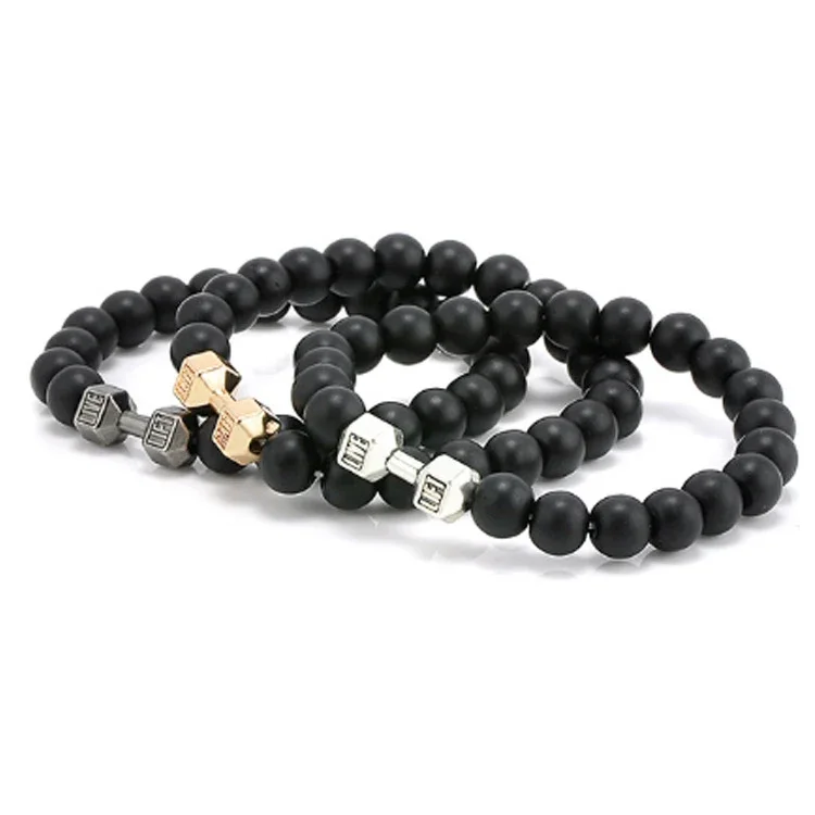 Natural Volcanic Stone Bracelet Men Matte Black Lave White Beads Charm Dumbbell Strand Bracelets Women Barbell Fitness Jewelry