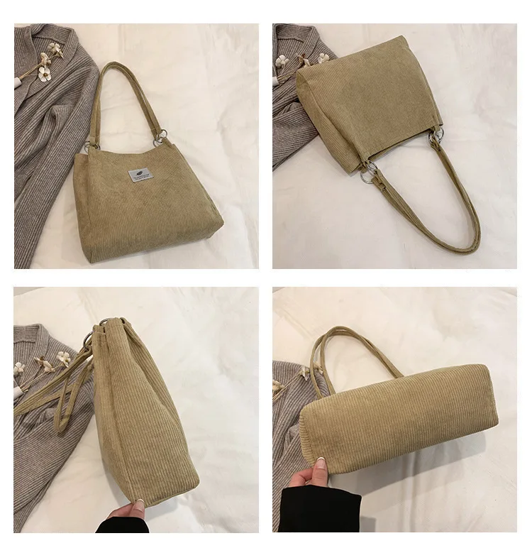 Corduroy Handbags Retro Trendy Canvas Shoulder Bags for Women 2022 Luxury Designer Large Capacity Solid Color Shopping Bag