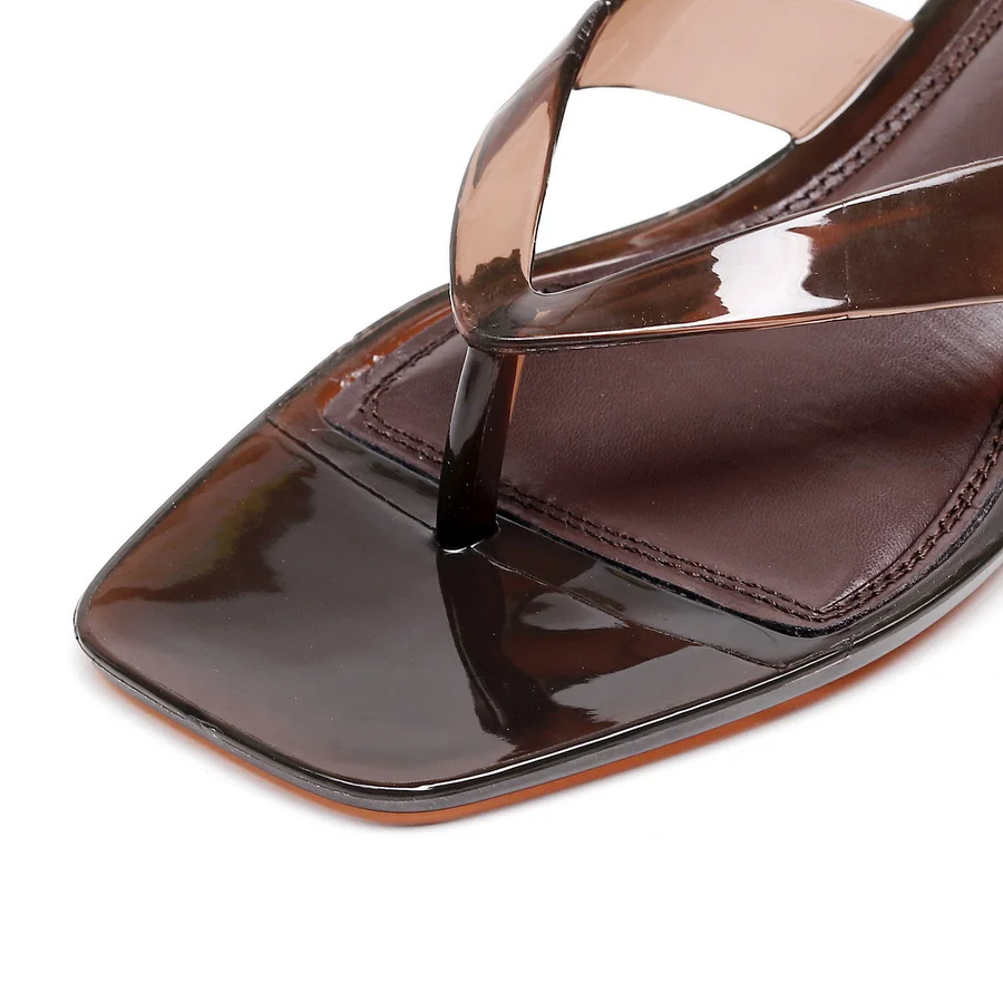 Vacation Elegant Thong Slides Women Heeled Sandals Square Toe Clear Brown Kitten Heel Summer Beach Party Shoes Woman Flip Flops image 3