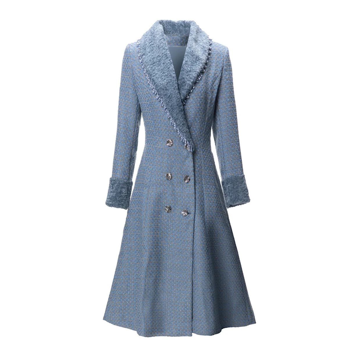 

European and American women's dress 2023 winter new Long sleeve studded lapel double breasted Fashionable woolen coat