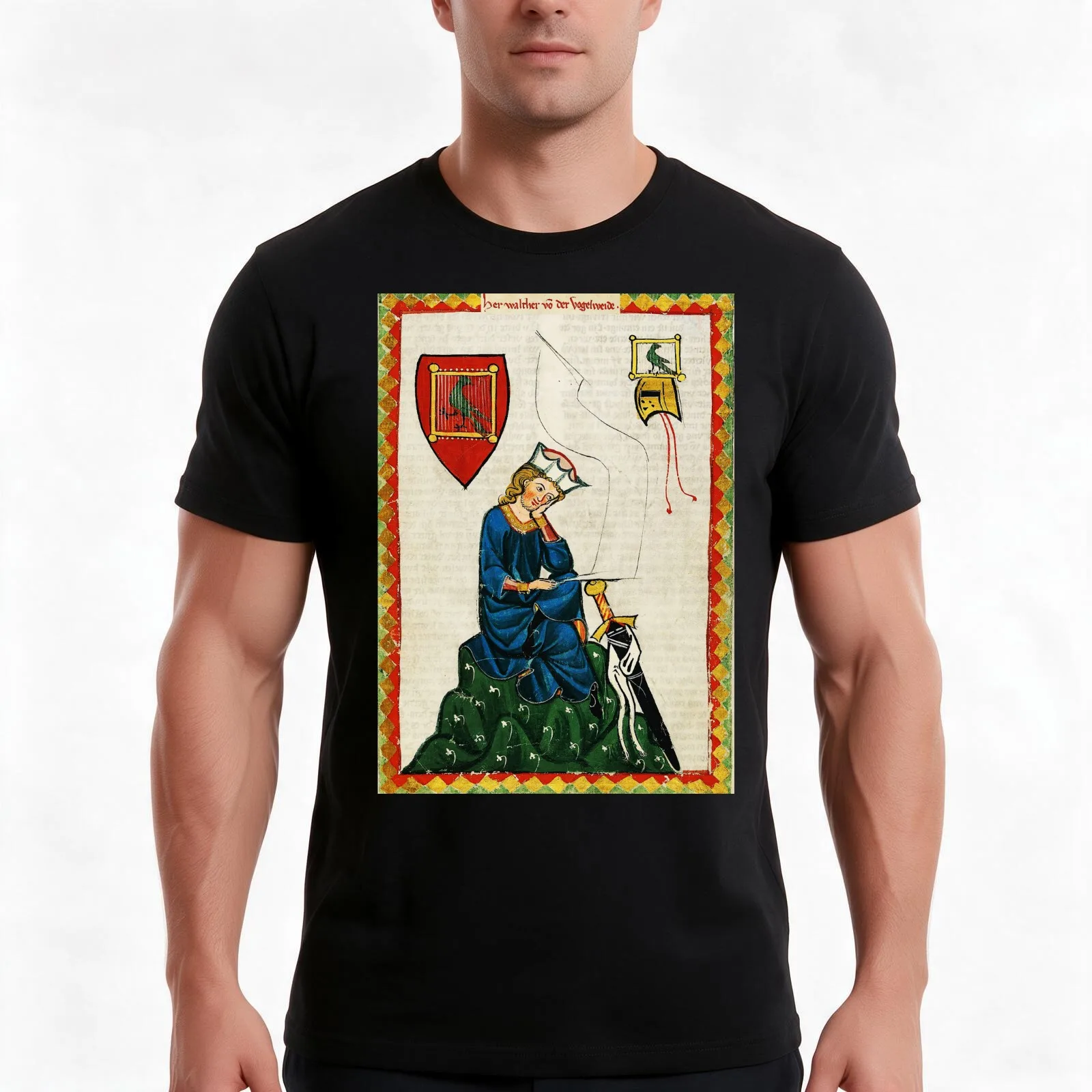 GERMAN LYRIC POET COMPOSER WALTHER VON DER VOGELWEIDE MEDIEVAL MINIATURE WITH WILD ROSES T-Shirt, Summer Casual Cotton Tee
