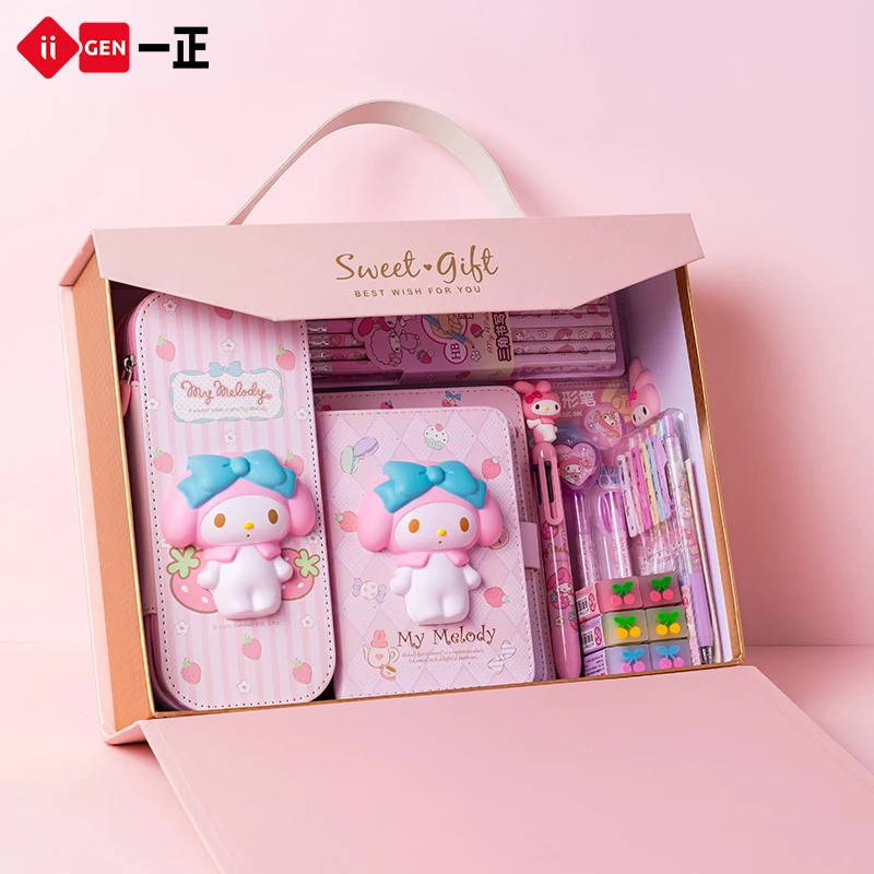 Sanrio Portable Stationery Set Gift Box Cute My Melody Pencil Case Gel Pen Memo Pad Eraser Notebook Kids Girl School Supplies