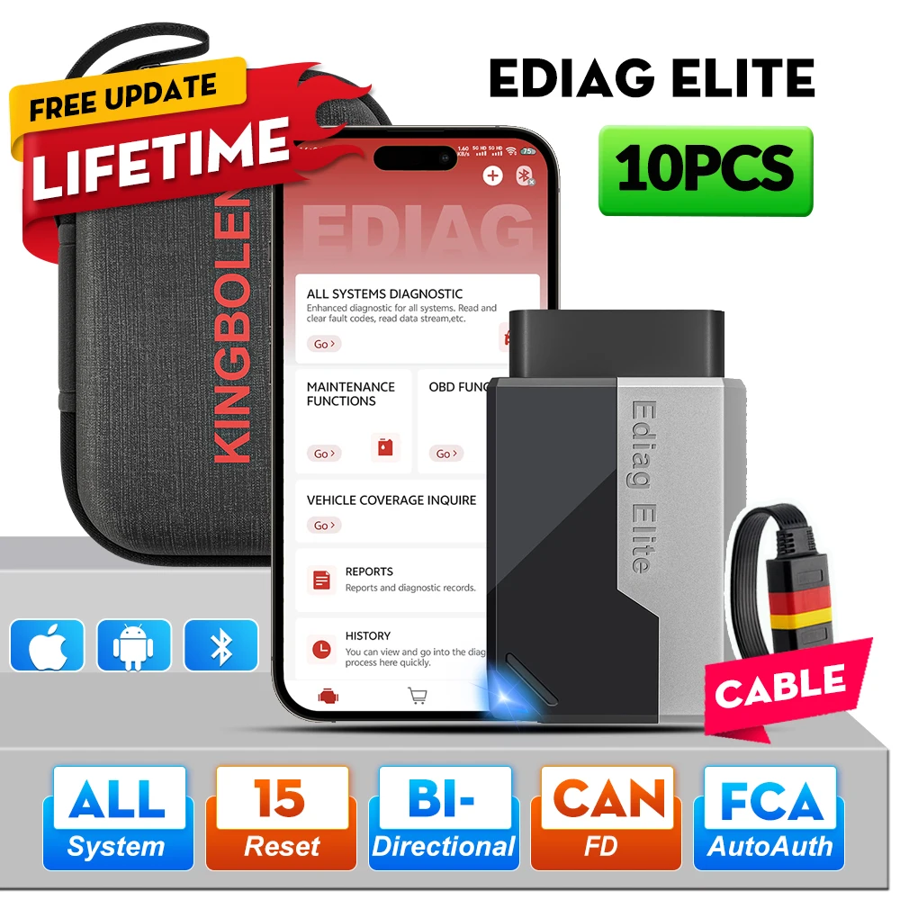 10PCS KINGBOLEN Ediag Elite Lifetime free OBD2 TOOL All system 15 Resets Bi-directional Built-in CANFD FCA Car Diagnostic Tools