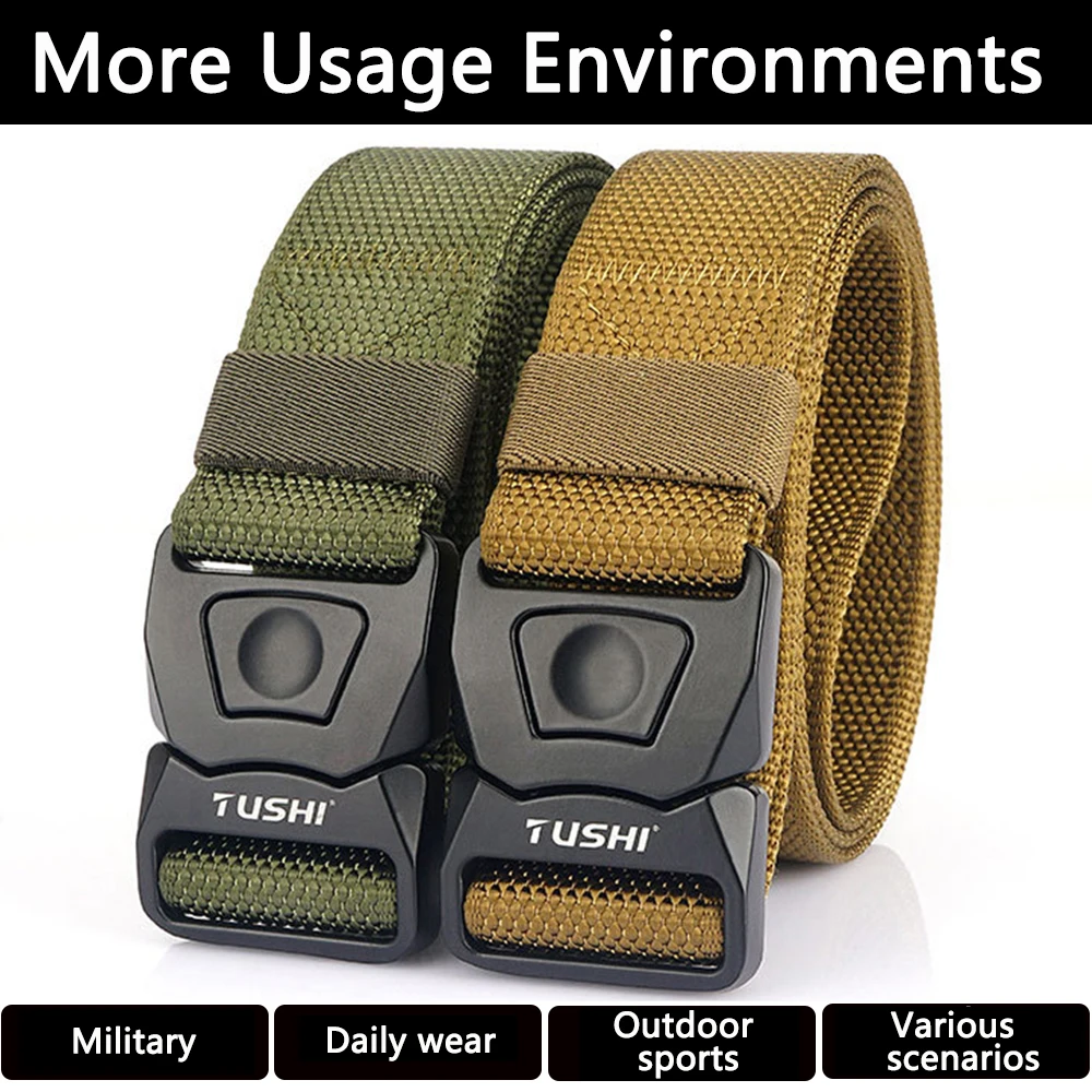 TUSHI Belt For Men Tactical Belt Military Belt Outdoor Elastic Work Belt Hiking Nylon Male Luxury Belt Metal Quick Buckle Girdle