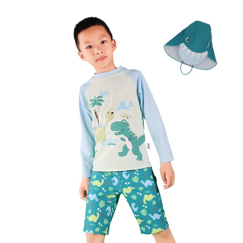 

Children's Swimsuit Three-piece Boy's Swimsuit Suit Split Cartoon Dinosaur with Hat Long-sleeved Sunscreen Quick-drying Swimsuit