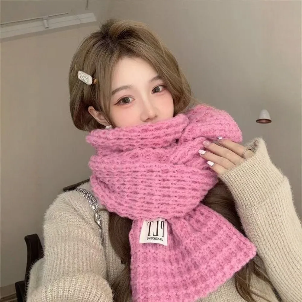 Fashionable Knit Thick Knitted Scarf Polyester Solid Color Neck Wrap Soft Fabric Fall Winter Warm Scarf Daily Wear