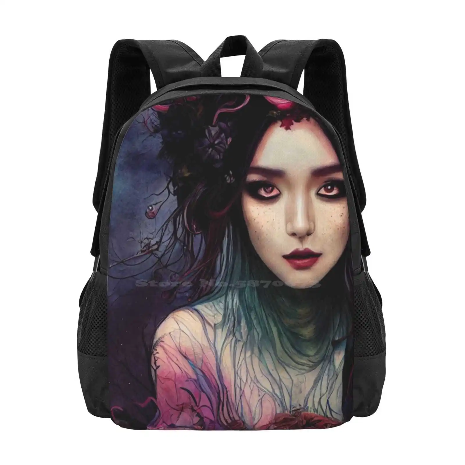 Htmxs X Woman Of The Mists Pattern Design Bag Student'S Backpack Detailed Eyes Woman Vibrant Purple Blue Red Flowers Tones