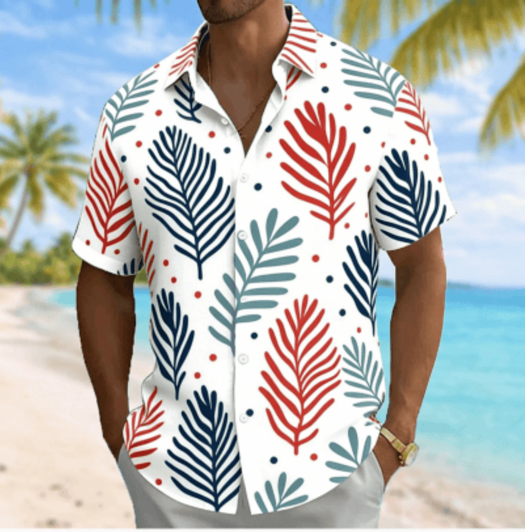 

Men's Red, Leaf Print Short Sleeve Shirt, Spring Summer Casual Vacation Turn-Down Collar Blouse, Loose Fit Top