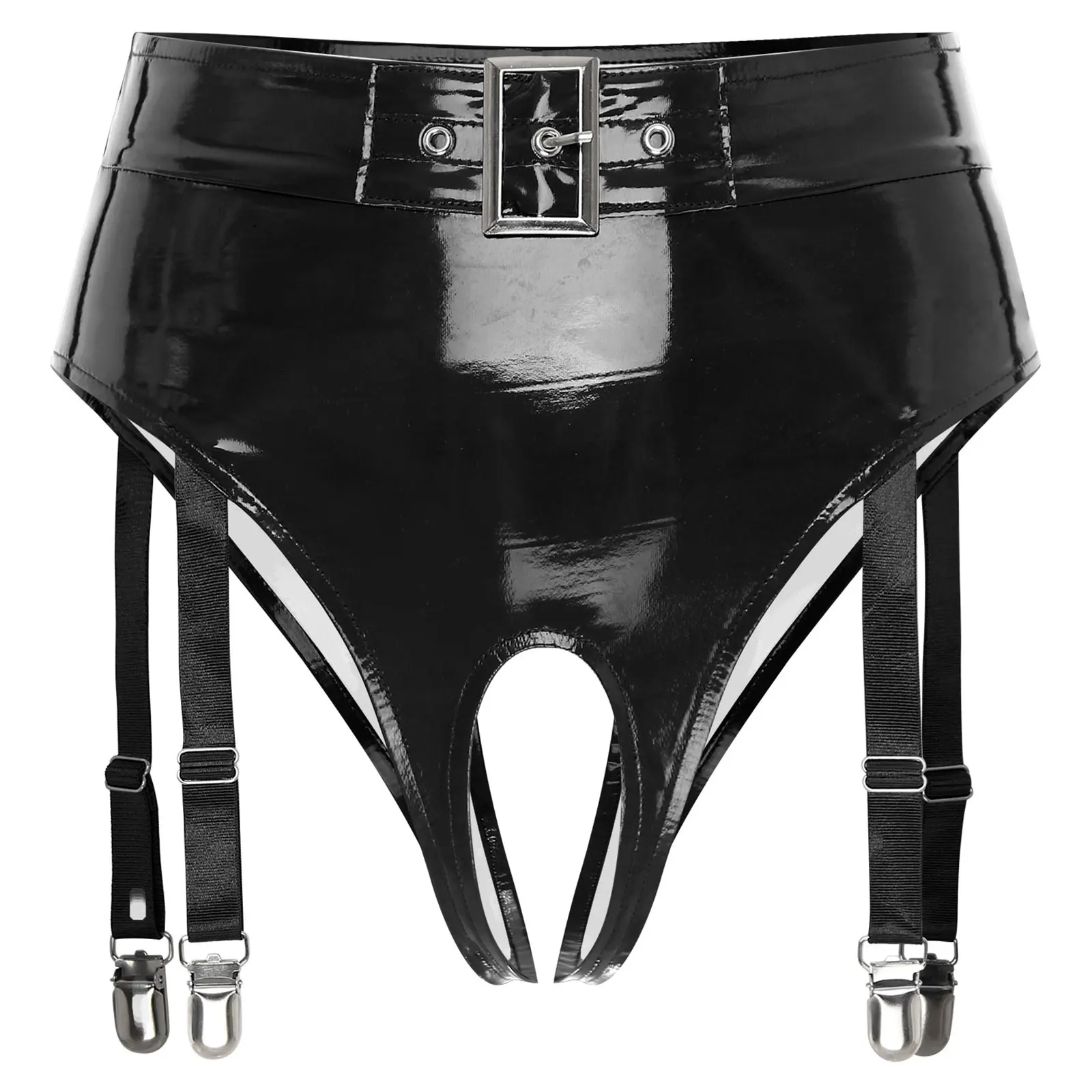 

Mens Sexy Patent Leather Briefs with Garter Clips High Waist Open Crotch Thong Lingerie Underwear Underpants Nightwear Clubwear