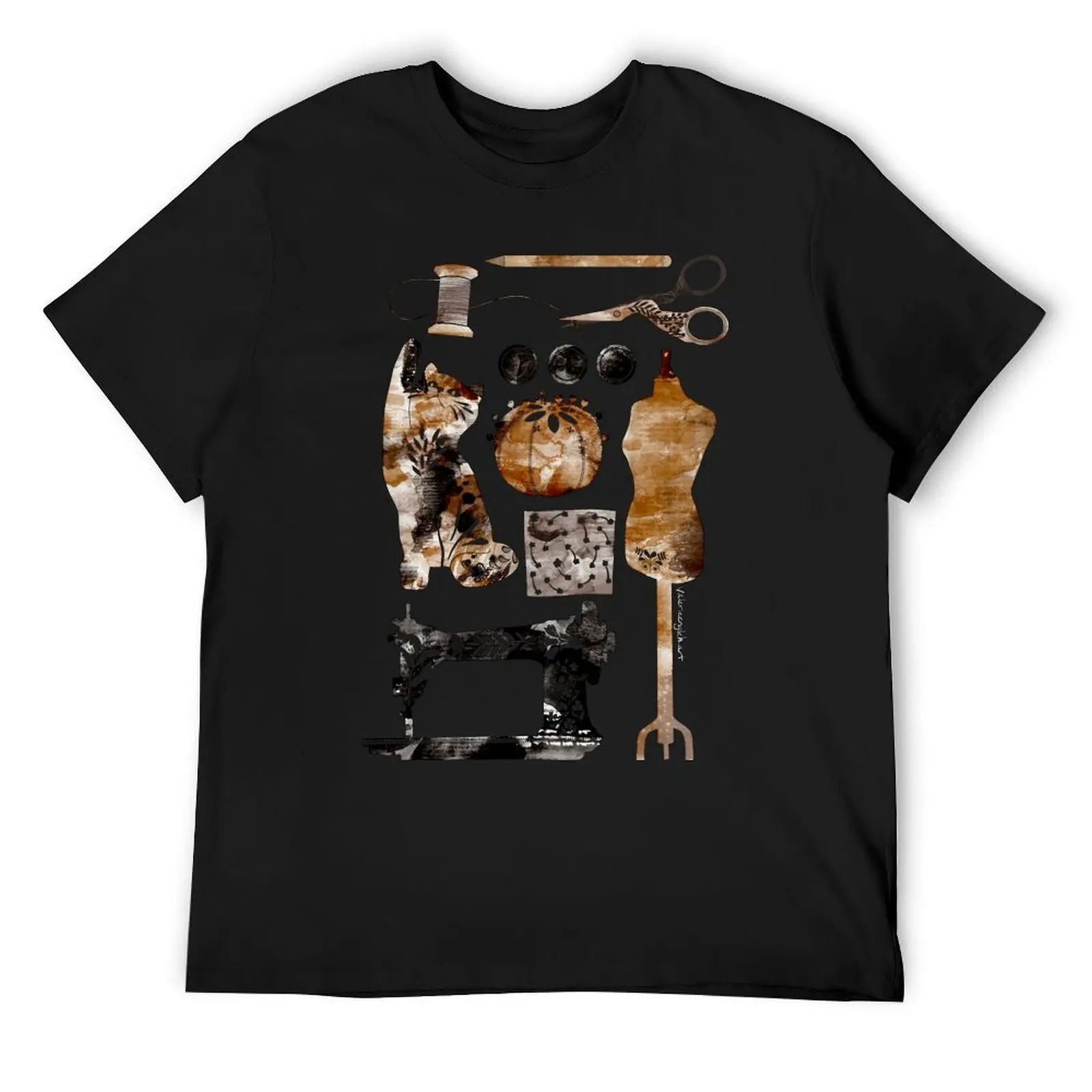 

Sewing Supplies with Cat Watercolor Folk Art T-Shirt blacks street wear vintage graphic tee men graphic t shirts